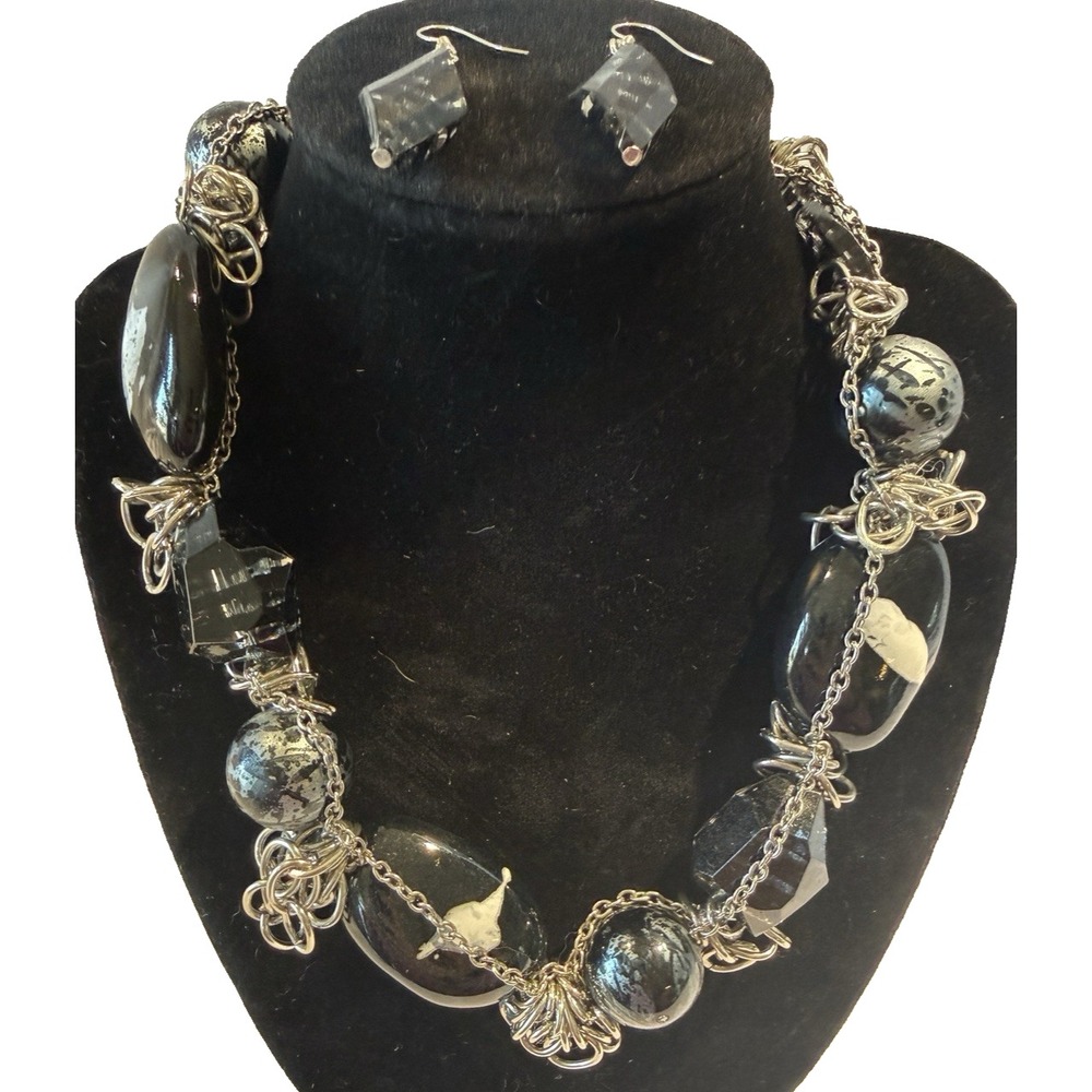 Black Silver Chunky Statement Necklace Sculptural Modernist Brutalist Art 20"
